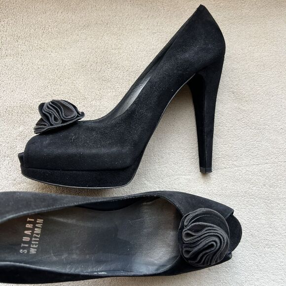 Stuart Weitzman Black Suede Floral Peep Toe Stiletto Heels Women’s 8.5 Evening - Picture 15 of 16